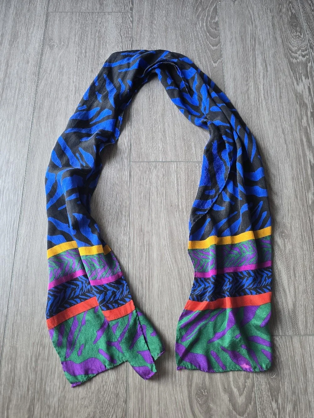 Liz Claiborne Vintage Scarf Blue Black Zebra Rainbow Stripe Oblong 80s Colorful